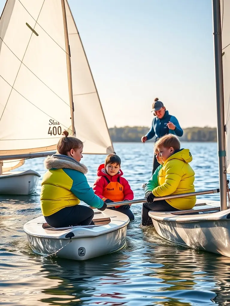 A high-quality photo of children learning to sail Optimist dinghies in the Vieux Bassin, Honfleur, under the supervision of certified instructors, showcasing the youth sailing program.