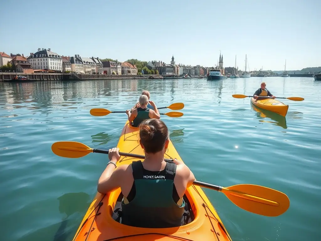 A photograph capturing a group of adults participating in a recreational kayaking session on the calm waters of the Vieux Bassin, enjoying the scenic views of Honfleur.