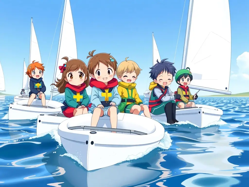 A vibrant scene of children participating in a sailing lesson on small sailboats in the Vieux Bassin, under the supervision of experienced instructors.