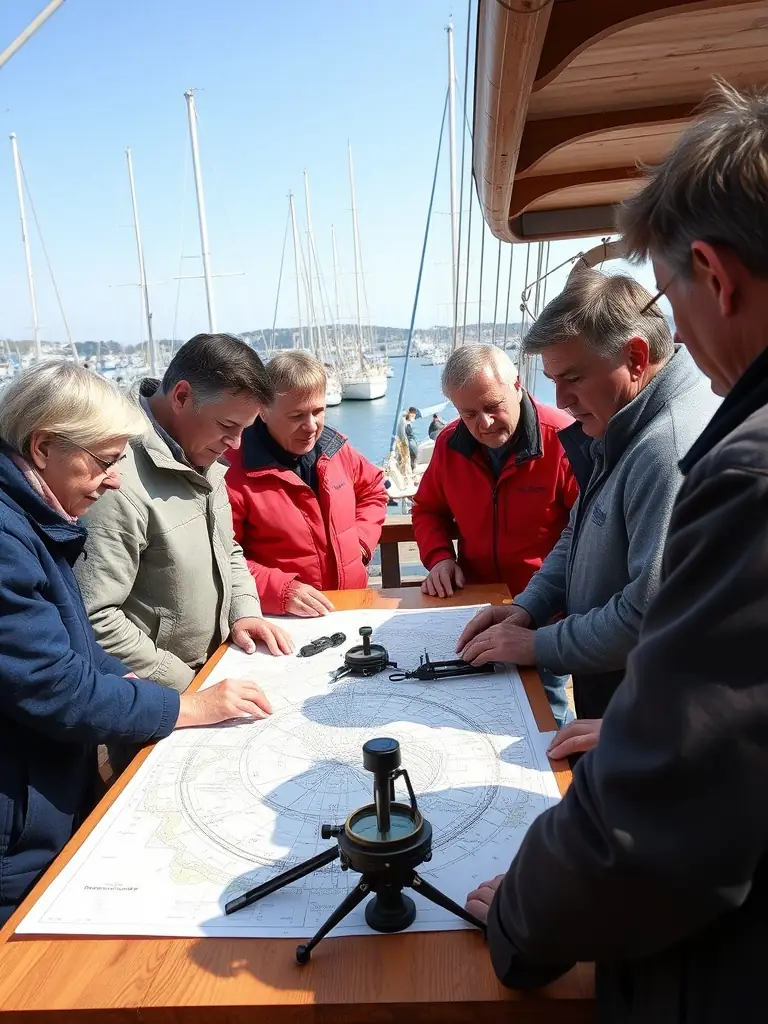 An image of adults participating in a coastal navigation course, using charts and instruments, with the Honfleur harbor in the background.