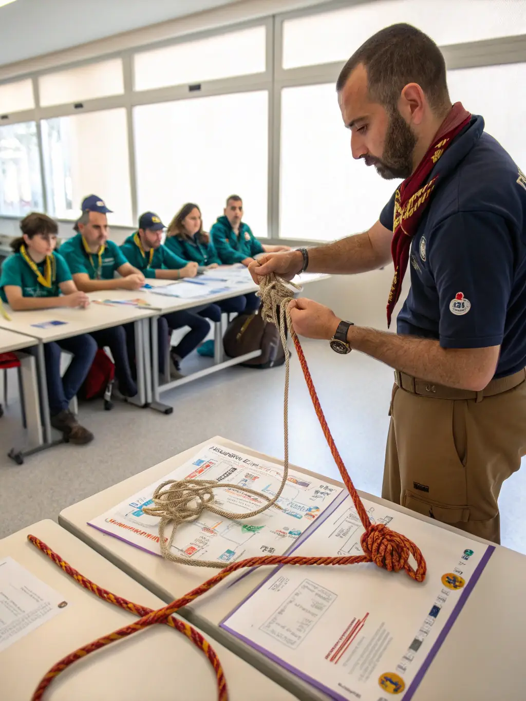 A picture of individuals learning basic knot-tying and boat maintenance techniques during a workshop, with various tools and ropes displayed.