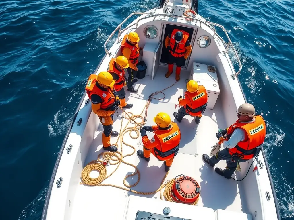 A group of students receiving practical water safety training on a boat in the Vieux Bassin, with instructors demonstrating safety procedures.