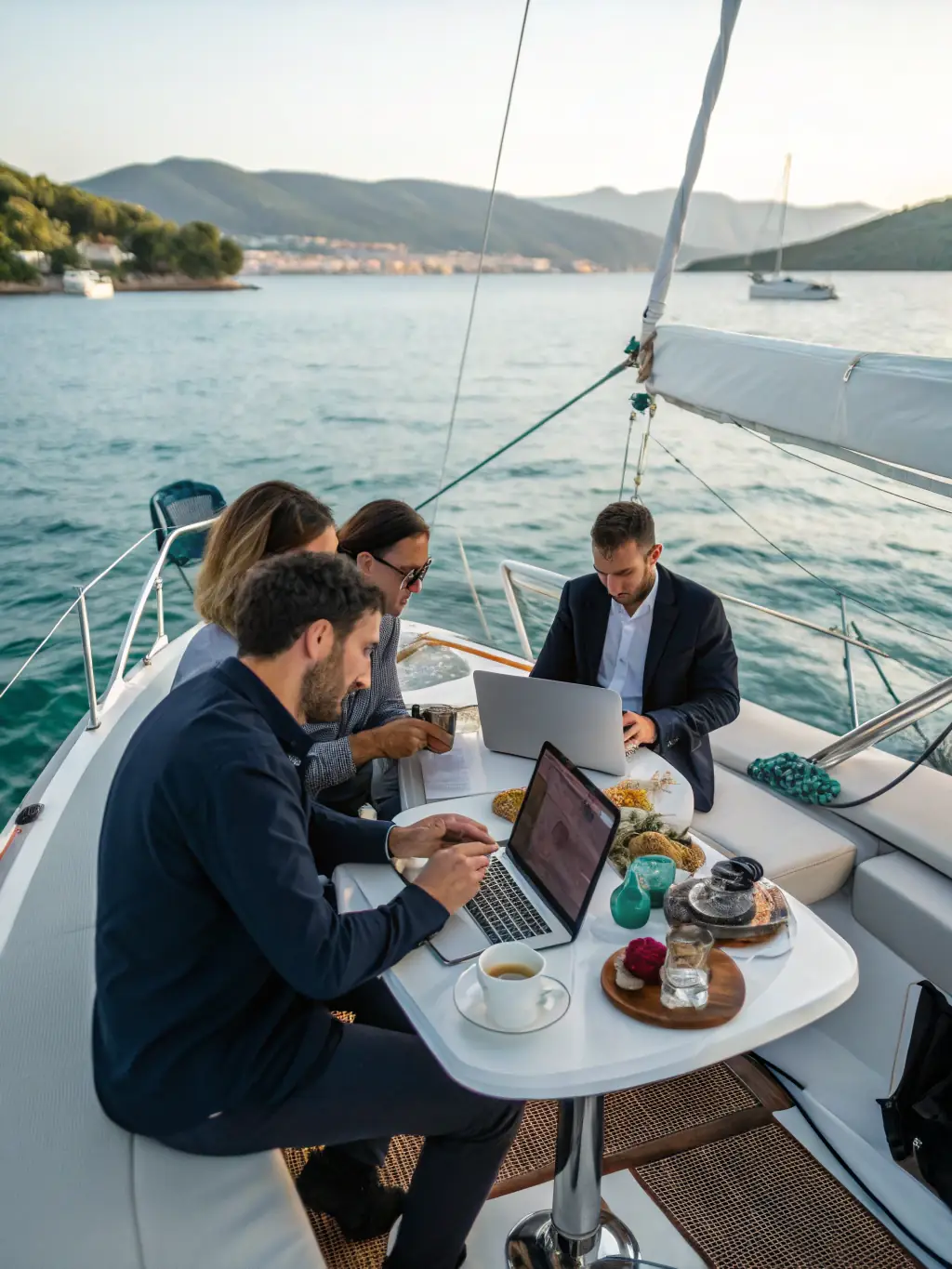 A photo of a group participating in a team-building regatta, with sailboats racing around buoys in the Vieux Bassin, showcasing teamwork and competitive spirit.